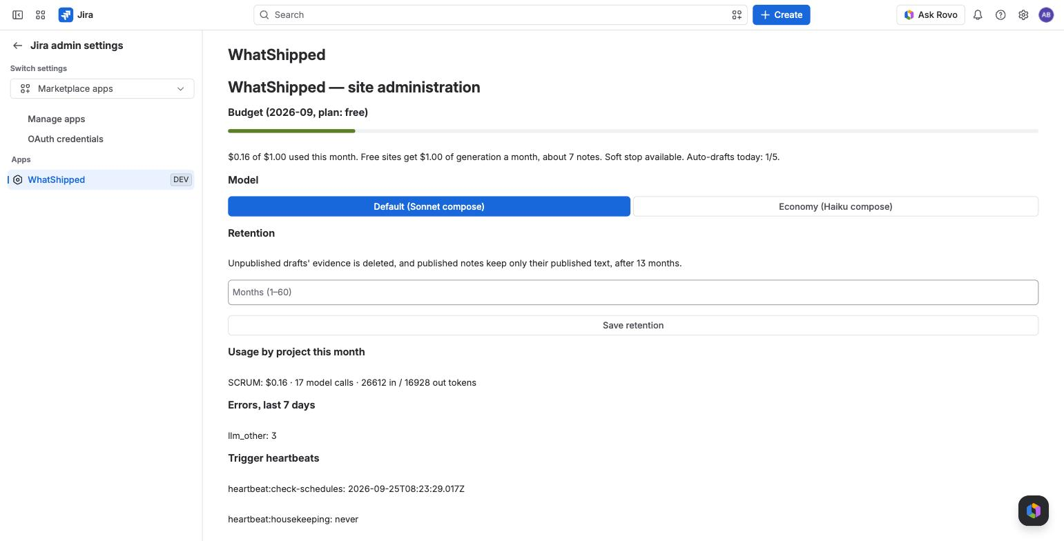 Admin page: site budget meter, per-project usage and the model switch