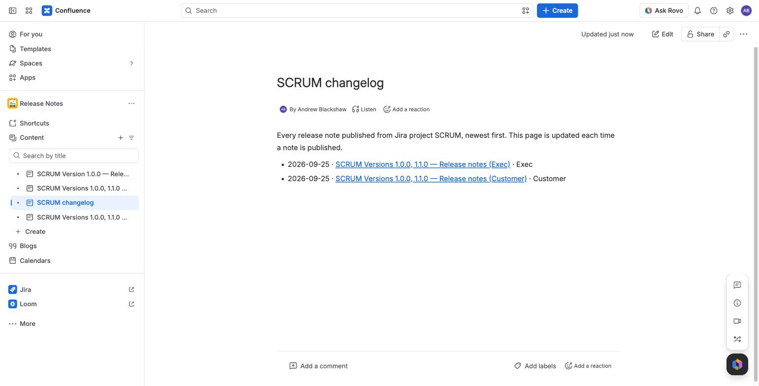 A published release note in Confluence, filed under a Release notes parent page