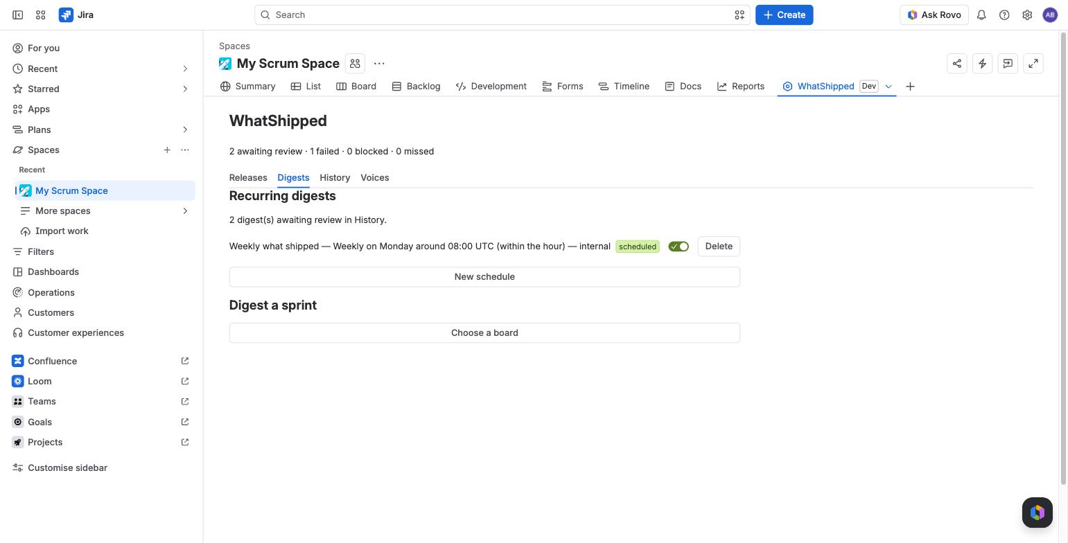 Digests tab: a weekly schedule with its JQL scope, audience and last run status