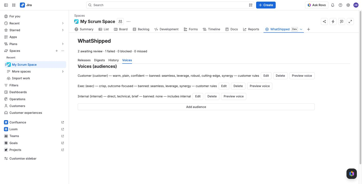 Voices tab: Customer, Internal and Exec voices with tone, banned terms and rules